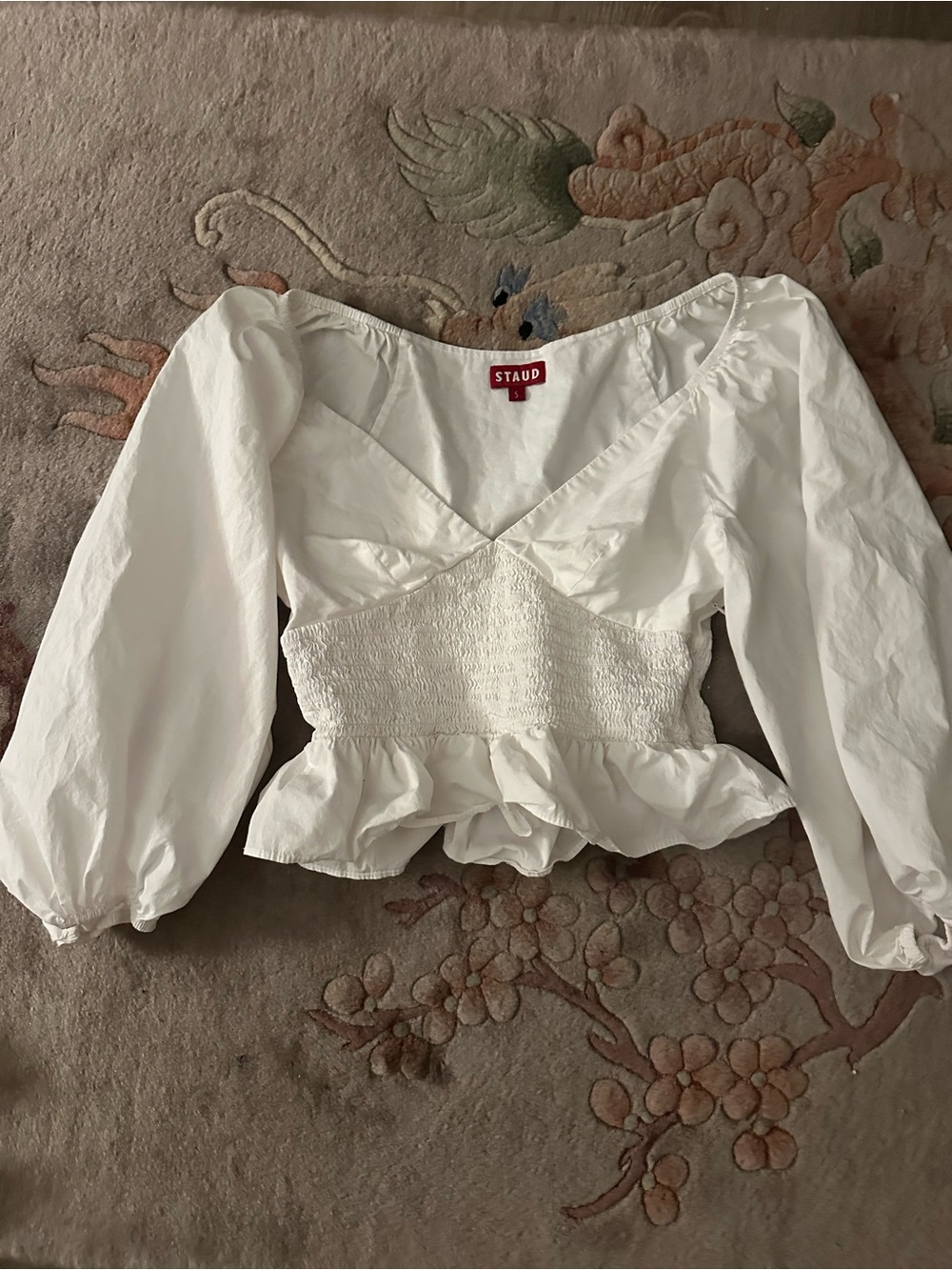 Staud Matilde White Smocked Peplum Long-Sleeve Top